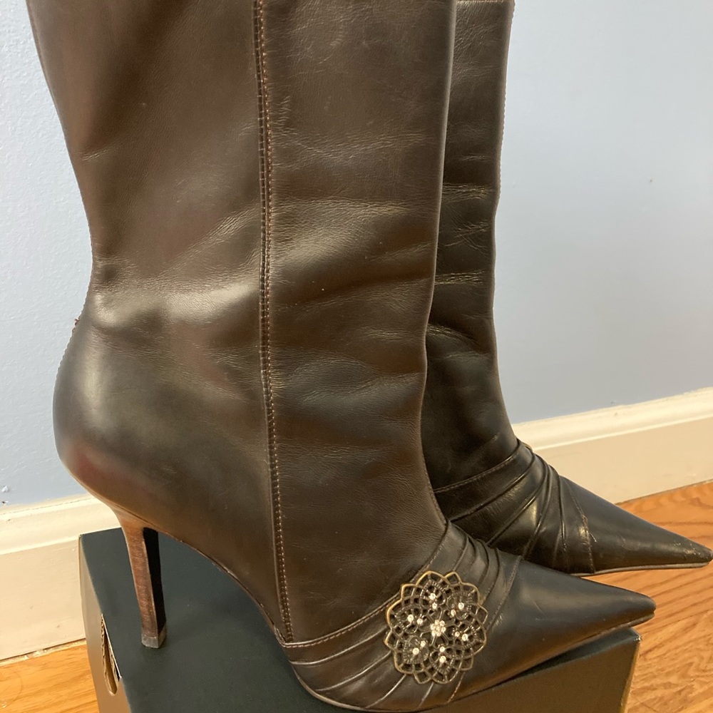 Brown half calf boots.